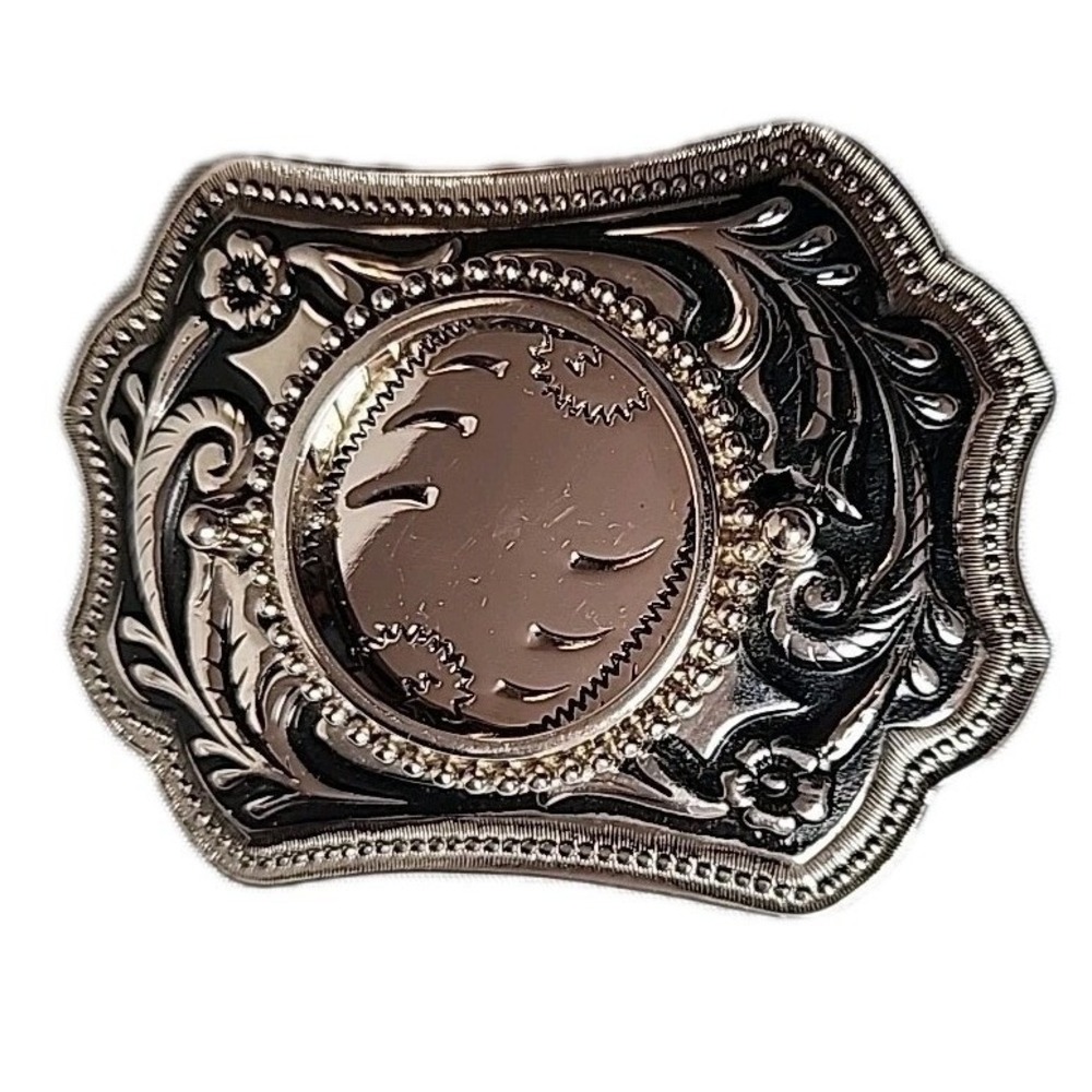 NWOT Vintage Western Silver Engraved Belt Buckle Floral Scroll Cowboy Ornate